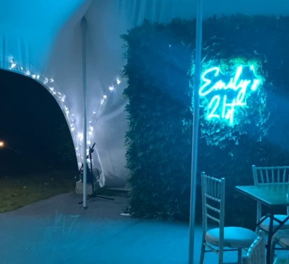 wedding & event neon sign case studies custom birthday event neon sign Emily 21 LED neon greenery wall backdrop party marquee setup
