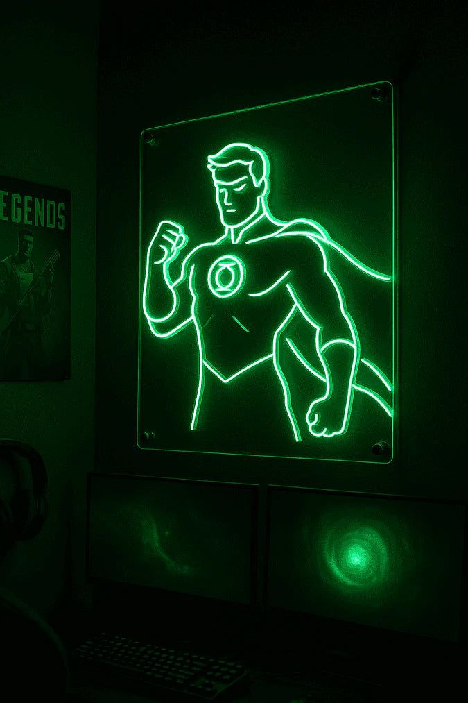 Green neon sign colour in bright LED tubing on acrylic panel, bold statement wall art for bedrooms and themed spaces
