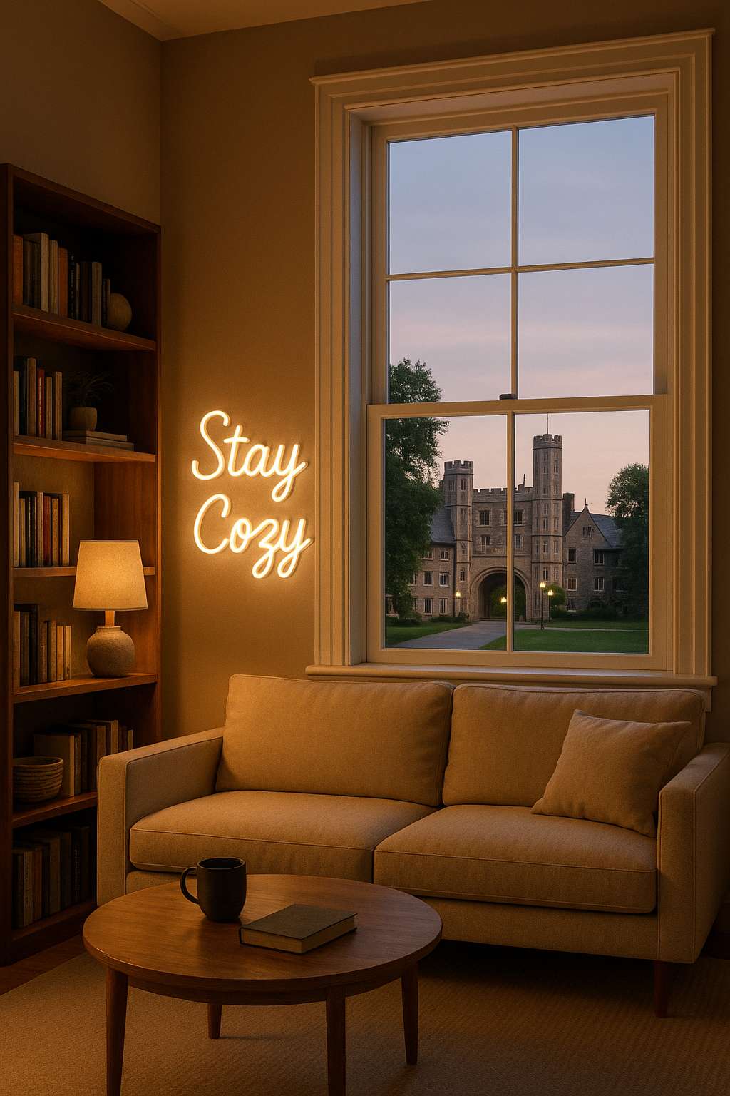 “Stay Cozy” custom LED neon sign glowing in a cosy room with a classic campus building view, perfect for stylish indoor neon signs in New Jersey USA