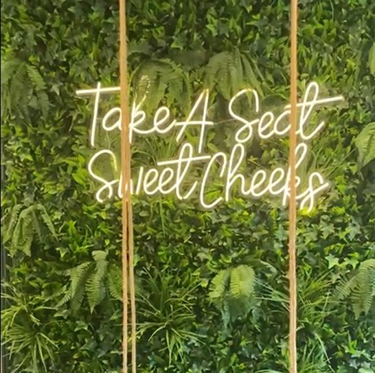 restaurant & bar neon sign case studies custom script neon sign on greenery wall hospitality venue seating feature backdrop