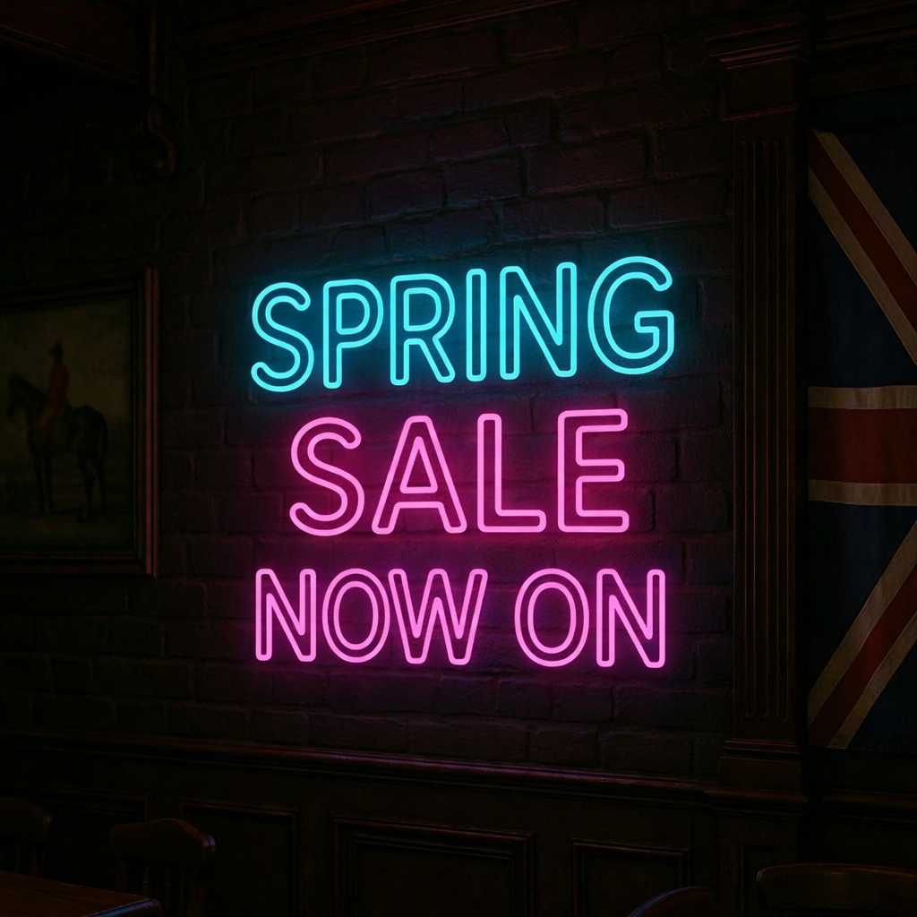 budget and specials neon signs spring sale LED neon sign in blue and pink on brick wall promotional display