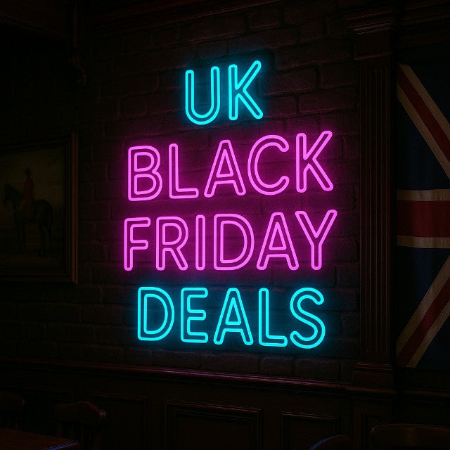 UK Black Friday 2025 neon sign deals – glowing pink and blue LED neon light display promoting exclusive discounts at Neon Now