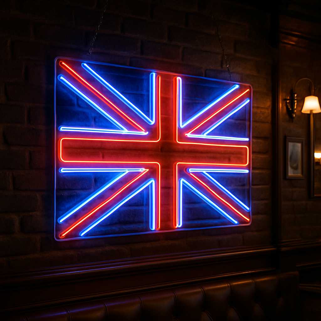 Union Jack LED neon sign lighting up a British pub interior – stylish décor idea from neon signs UK.