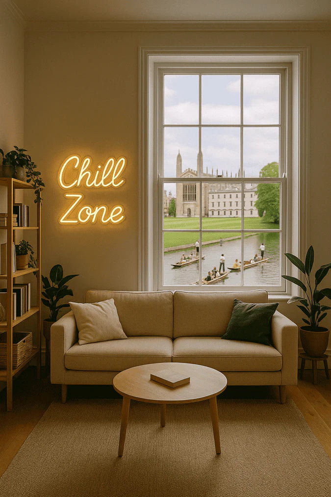 Warm yellow Chill Zone neon wall sign above sofa in a cosy English living room