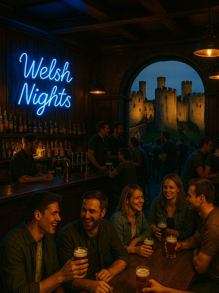 Blue “Welsh Nights” LED neon sign inside a traditional Welsh bar with a historic castle view, Neon Now Neon Signs UK