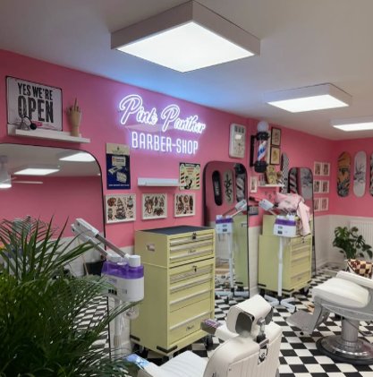 salon & beauty neon sign case studies barbershop neon sign branding interior Pink Panther barber shop LED neon wall signage retro styling space