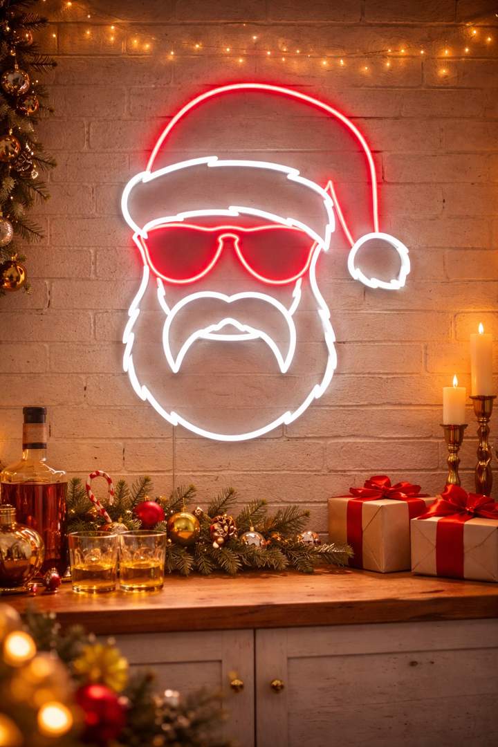 Festive Santa face neon wall décor above a Christmas drinks table with gifts, candles and holiday styling