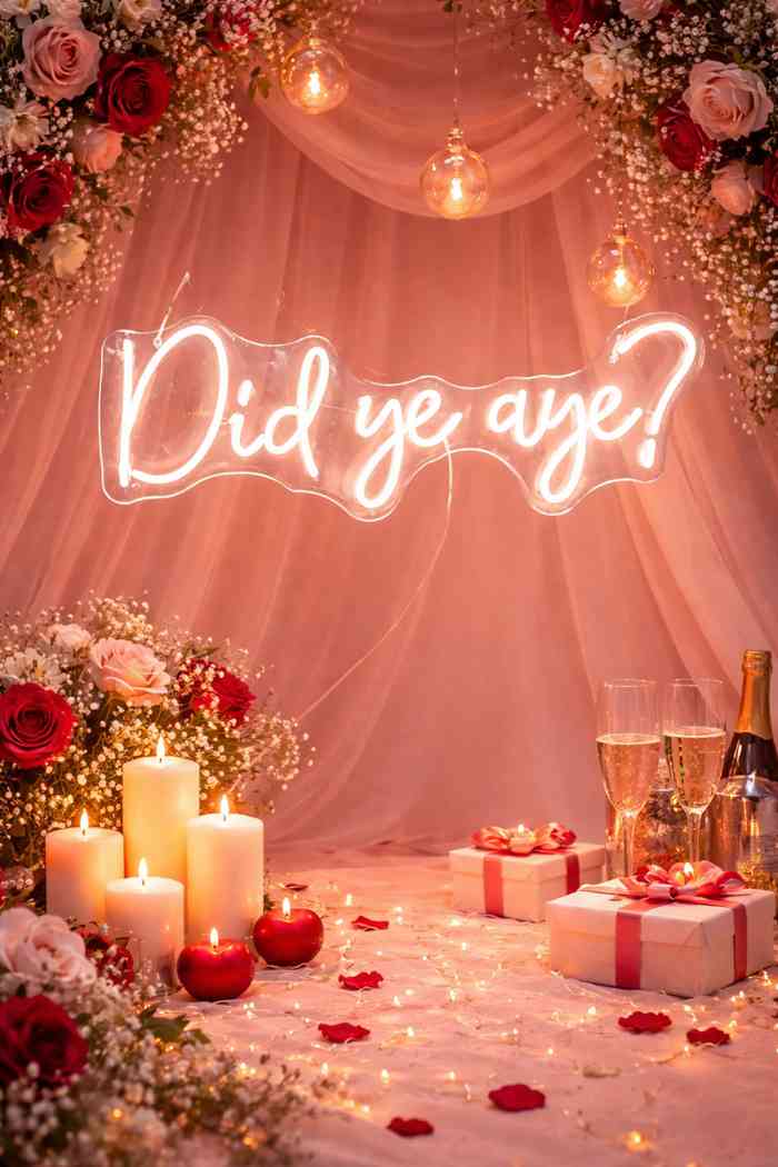 Warm peach “Did ye aye?” neon wording styled on a romantic table backdrop with florals, candles and champagne