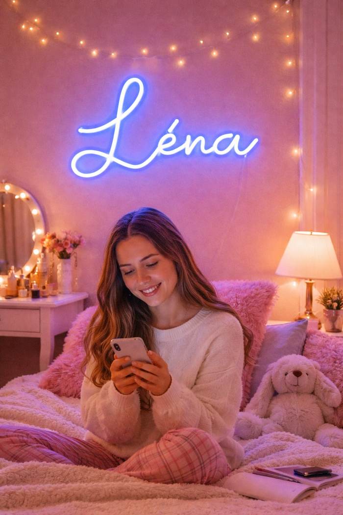 Blue personalised Lena neon name sign glowing above a bed in a pink bedroom