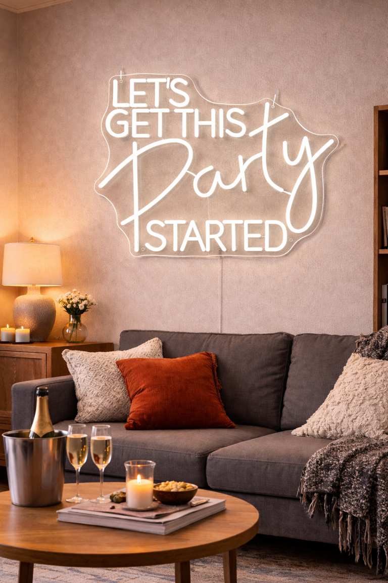Warm white Let's Get This Party Started neon sign above a living-room sofa