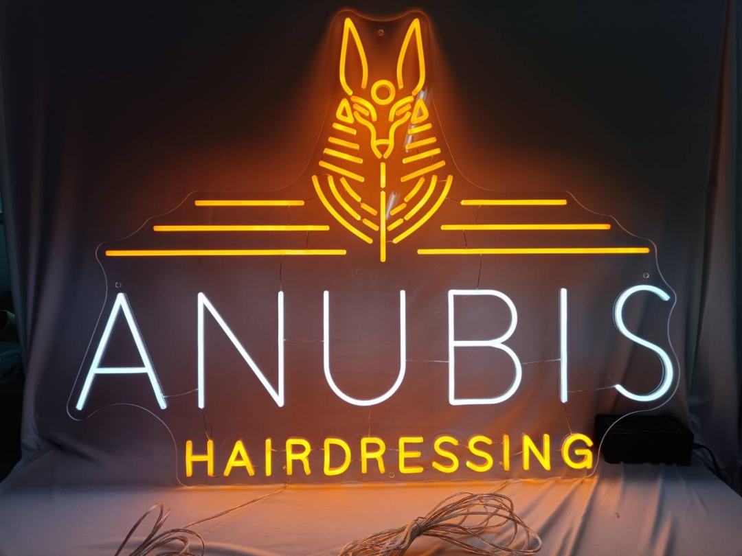 Neon sign ideas for Anubis hairdressing who have one of the most impressive logos we have seen
