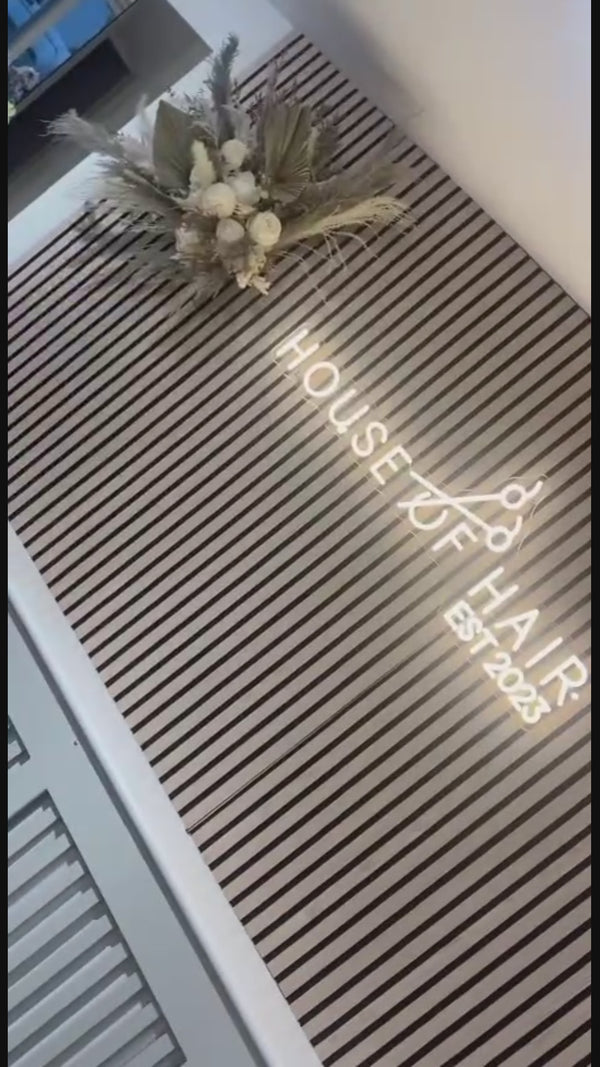 salon neon sign interior design LED neon branding sign A Hair And Beauty Milton Keynes UK cool white neon salon styling area interior feature installation